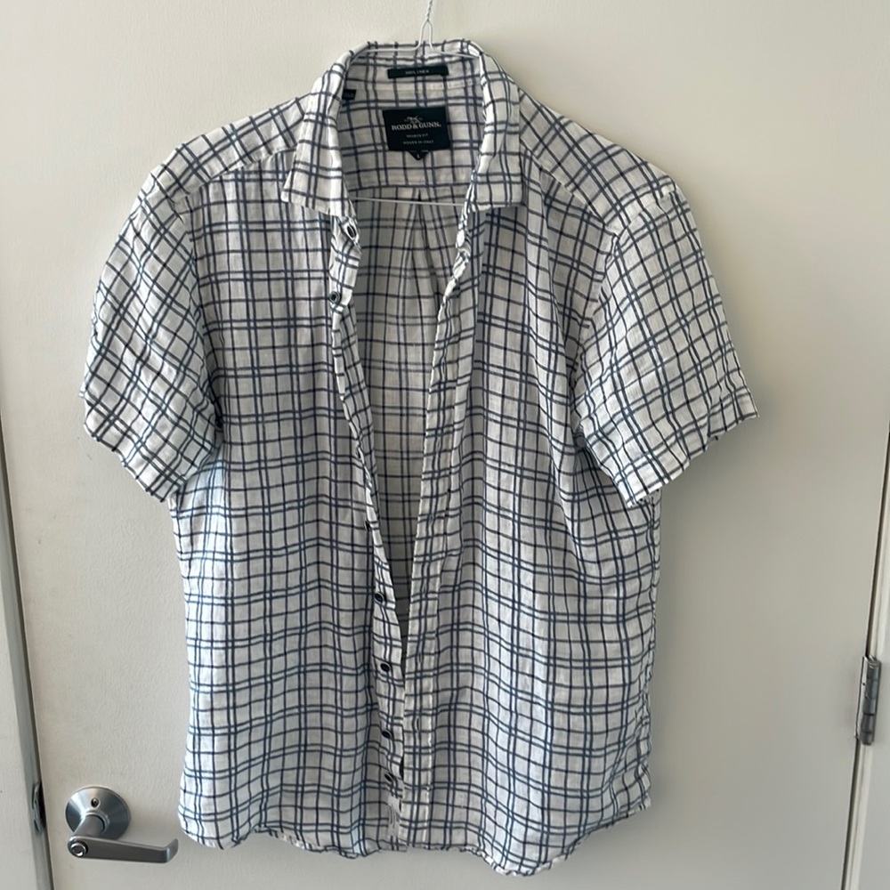 Rodd & Gunn Large White and Blue Gray Patterned Linen Shirt